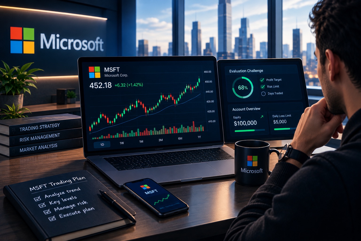 Professional trader analyzing MSFT price action and market trends while preparing to trade Microsoft stock prop firm accounts