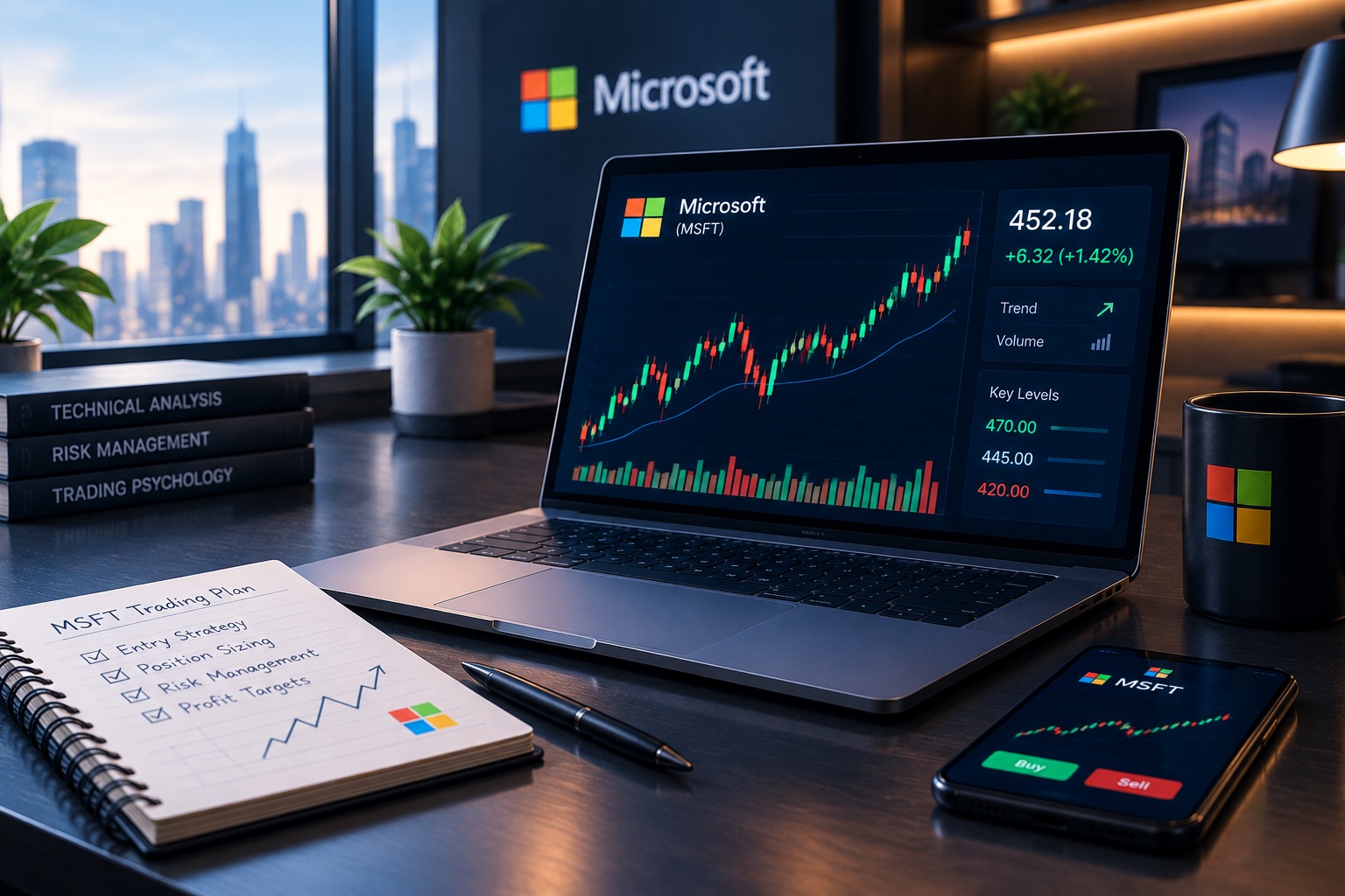 Microsoft stock trading workstation showing MSFT price action, key levels, and a structured trading plan to trade Microsoft stock prop firm accounts