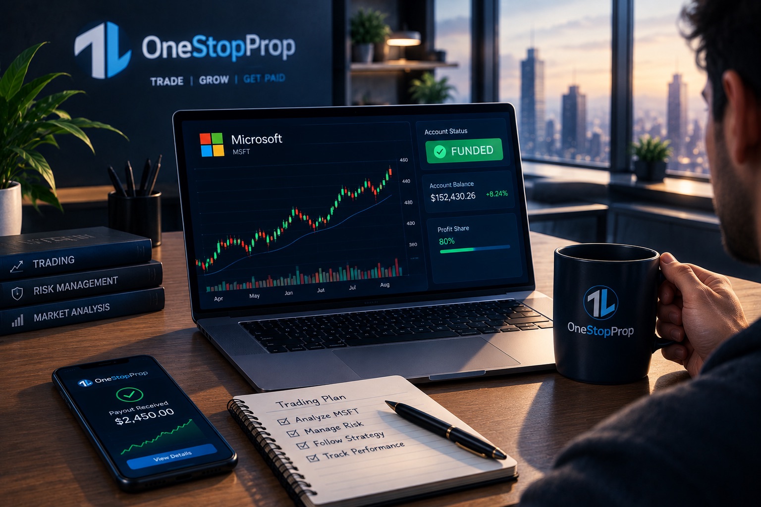 Funded trader monitoring a profitable MSFT position, account growth, and payout progress while learning to trade Microsoft stock prop firm accounts