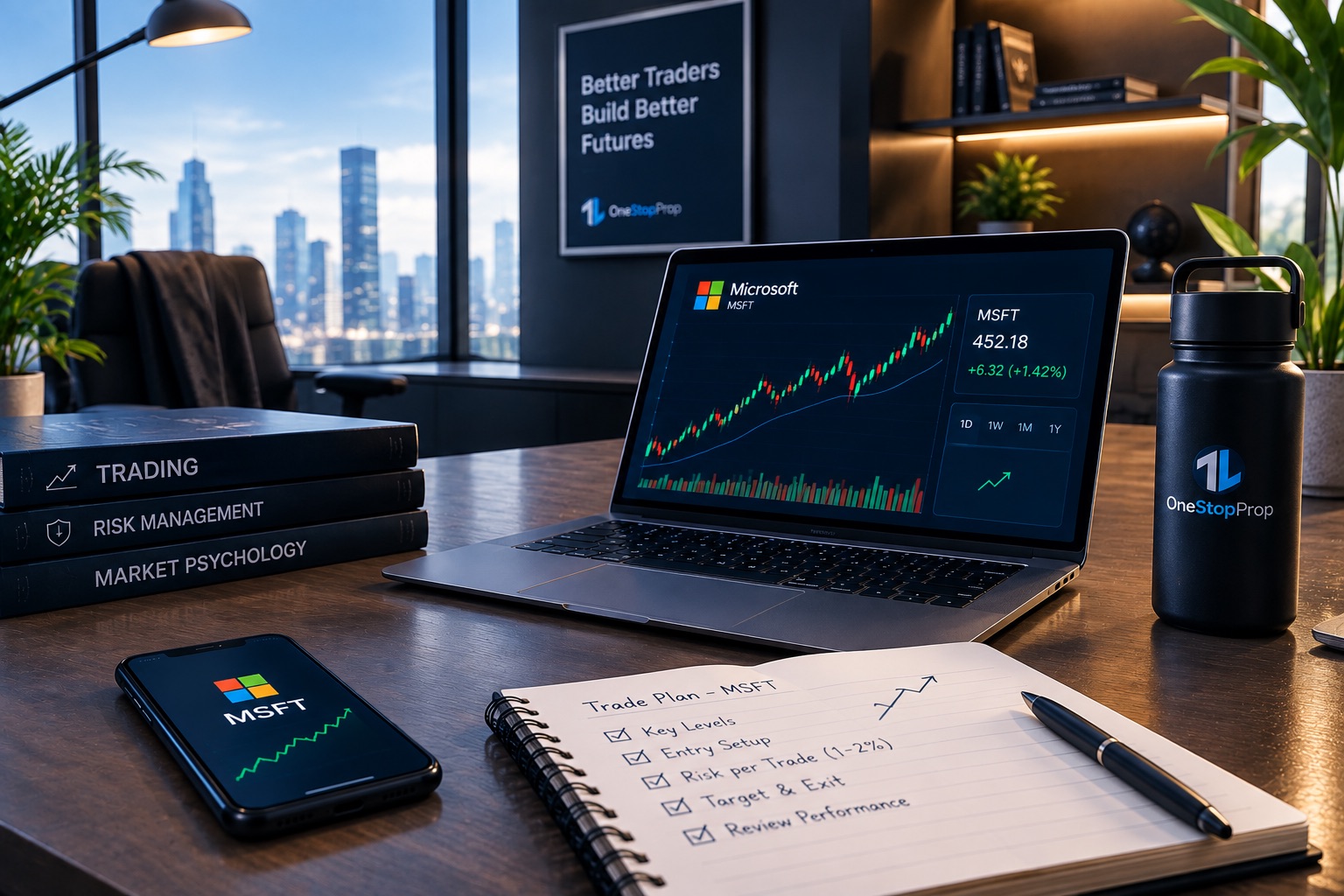 Modern trading workspace with an MSFT chart and structured trade plan for traders looking to trade Microsoft stock prop firm accounts.