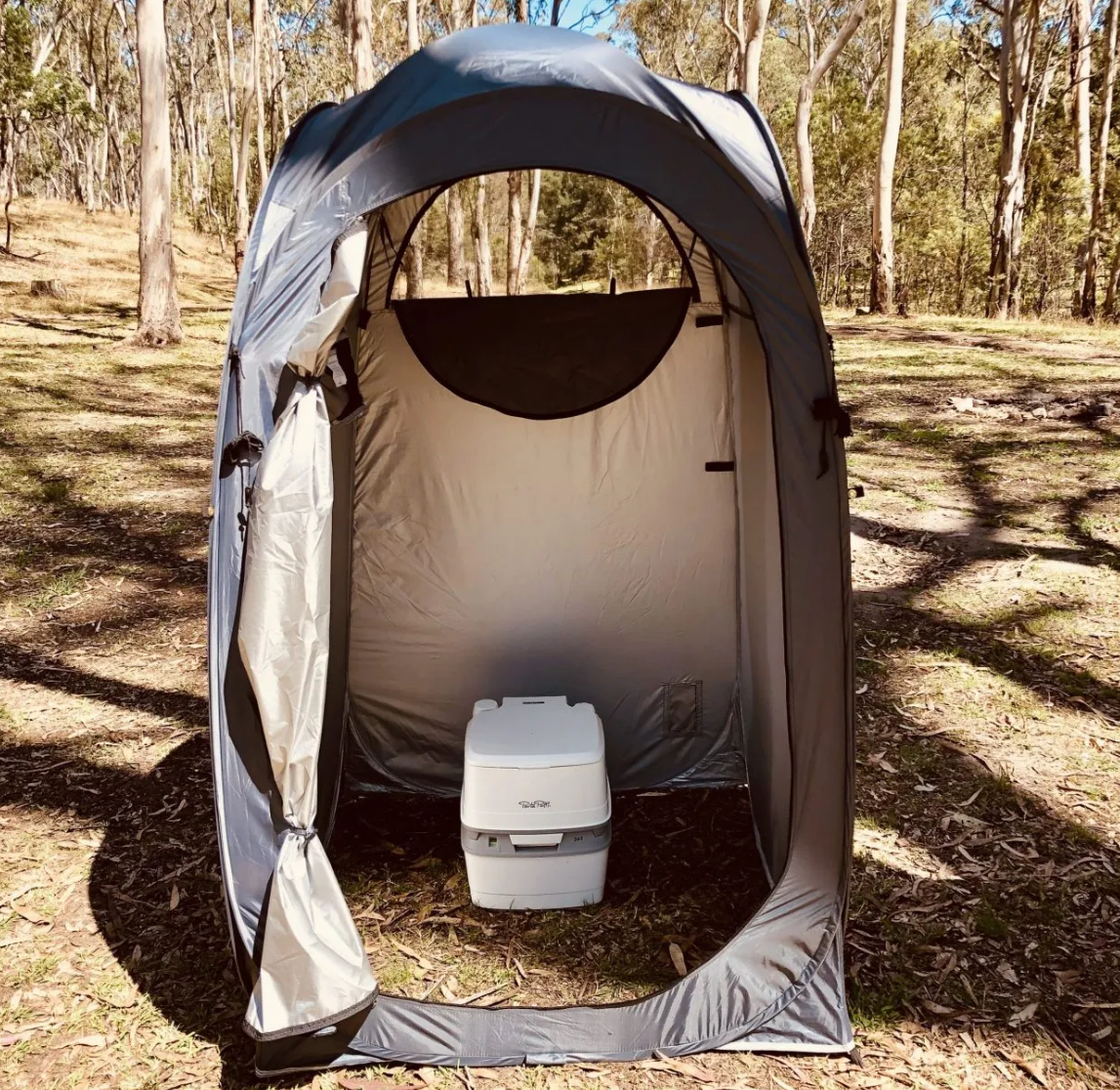 ensuite tent with thetford 365 Porta Potti visible through open front door